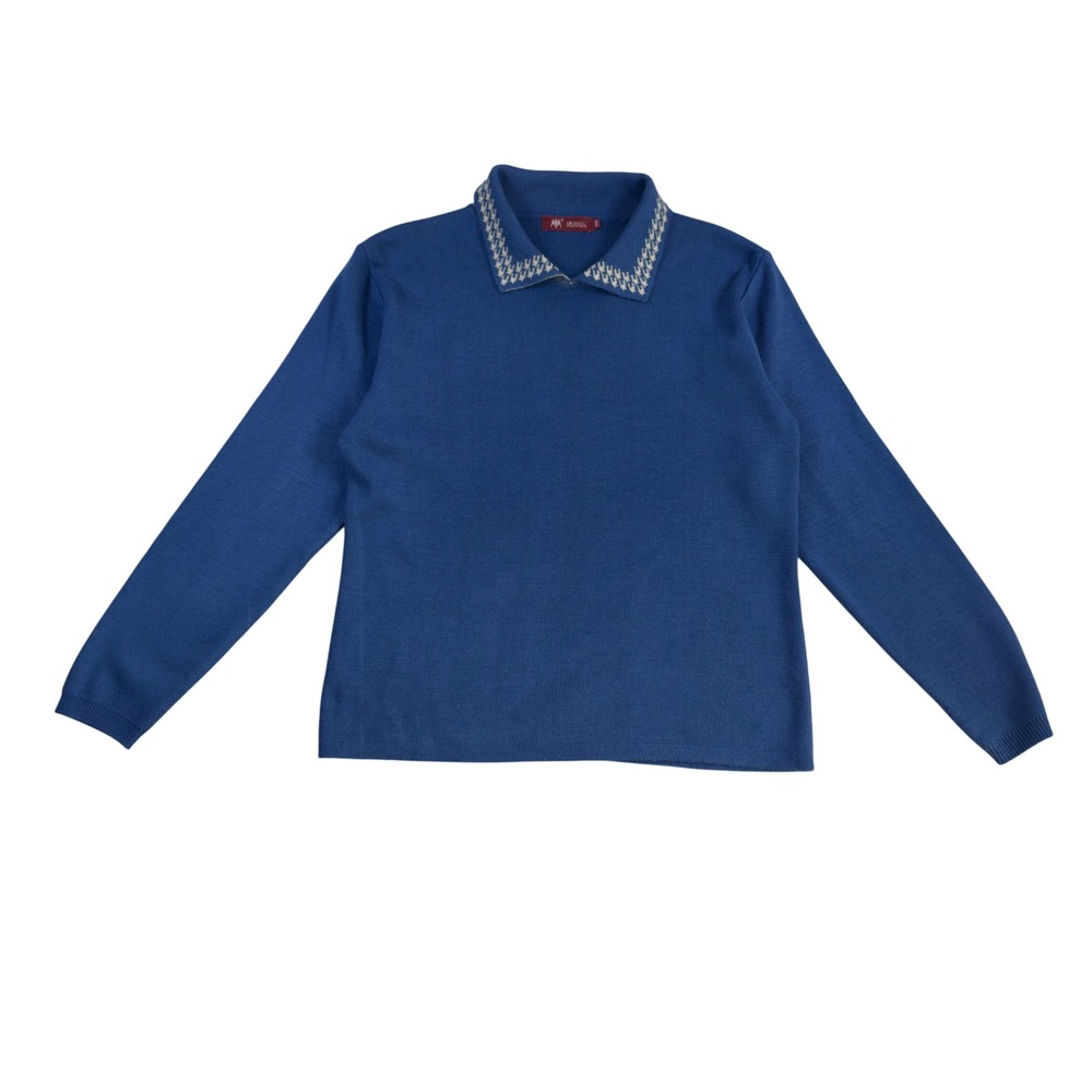 KAKA Vintage Blue Knit Polo Sweater Long Sleeve Patterned Collar Size L